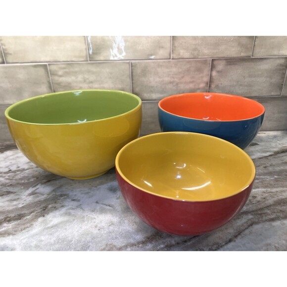 SCM Designs 3 PC SET COLORFUL STONEWARE NESTING BOWLS Oven Microwave Safe - Picture 1 of 7